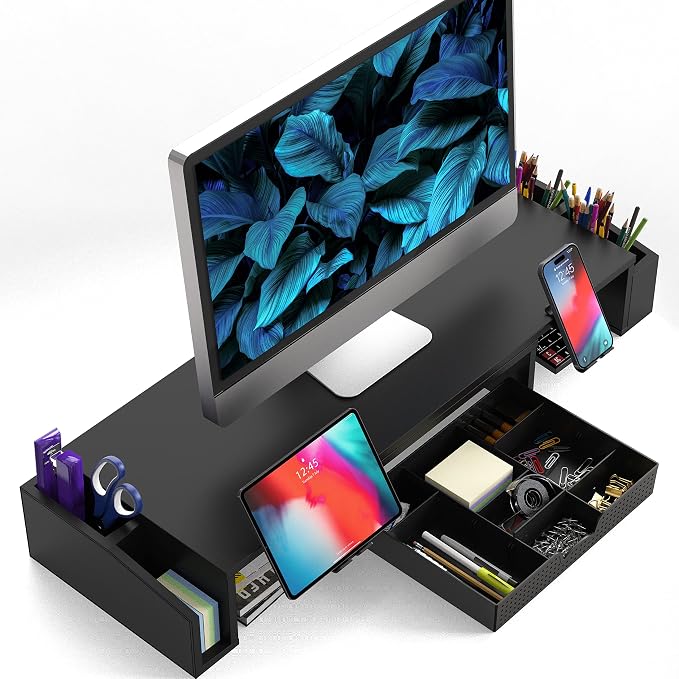 Simple Houseware Desk Dual Monitor Stand Riser with Drawer, Black | Customizable Organizer Tray, Built-In Phone & Tablet Slot and Side Storage - Image 2