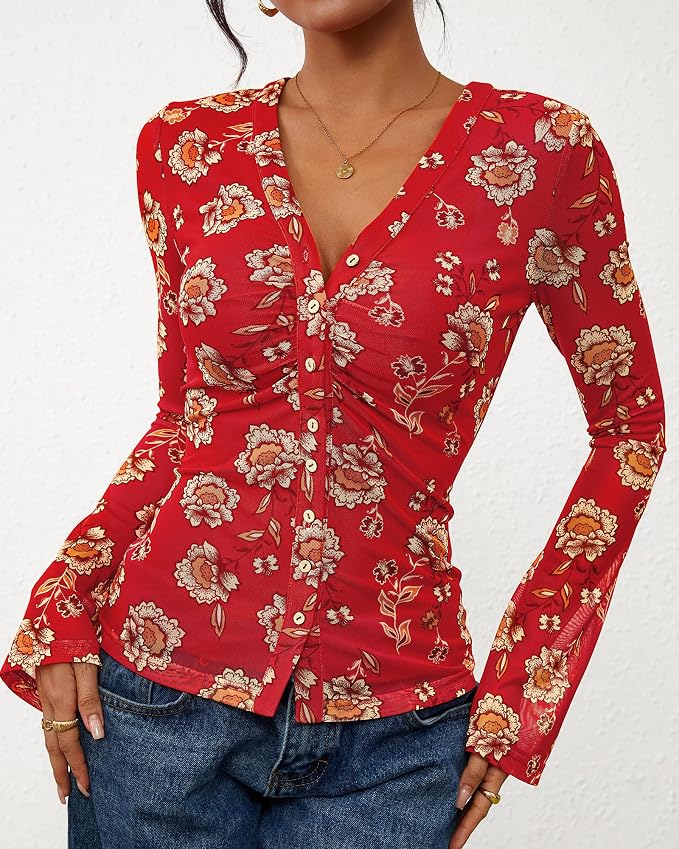 BTFBM Button Down Shirts for Women 2026 Fall Boho Tops V Neck Long Sleeve Blouses Ruched Mesh Fitted Fashion Clothing - Image 6