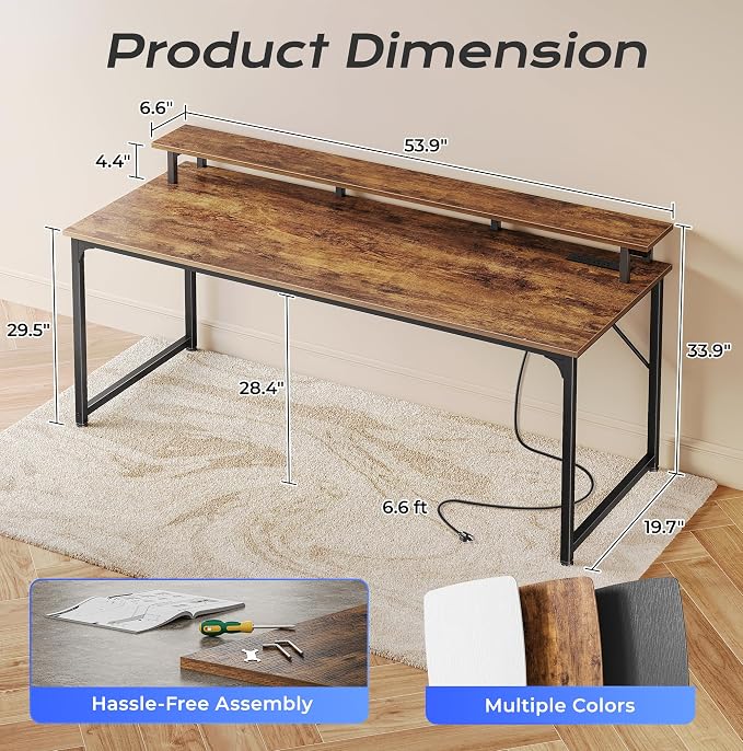 PRAISUN 55 inch Gaming Desk, LED & Outlets, Monitor Stand, Rustic Brown | Sturdy PC Desk for Home Office, Study & Work, LED Lights, 4 AC Outlets & USB-C Charging Station - Image 3