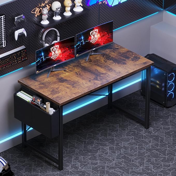 OLIXIS Computer Desk, 47 Inch Gaming Desks for Home Office Small Spaces | Writing Study Craft Work Table, Computer Workstation for Bedroom with Storage Bag, Rustic Brown - Image 2