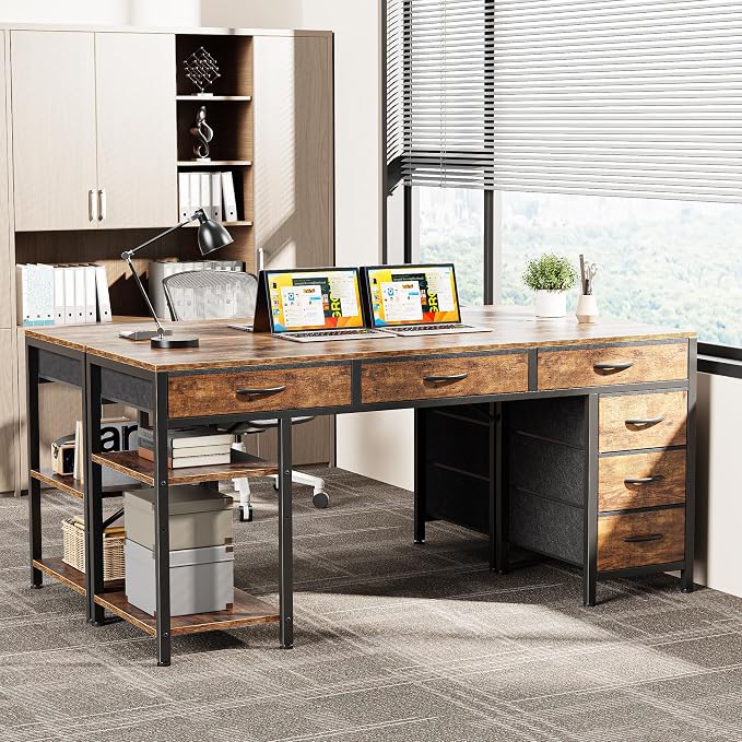 Huuger Computer Desk with 6 Drawers, Office Desk with Shelves, Reversible Gaming Desk, Corner Desk with Storage, Work for Home Office, Study, Living Room, 54inch, Rustic Brown - Image 8