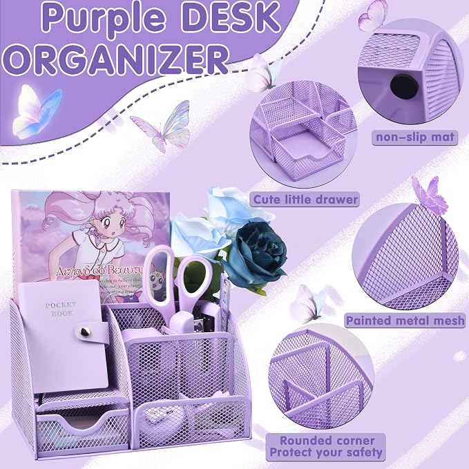 Purple Desk Accessories, 26Pcs Office Supplies and Desk Organizers, with Tape Dispenser, Stapler, Staple Remover Ect, Gift Box Packaging - Image 2