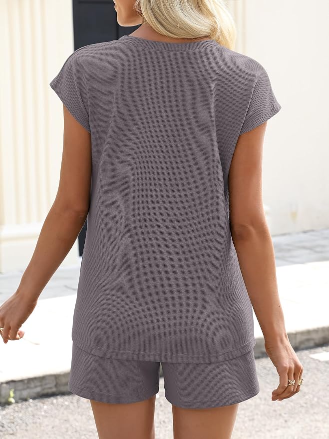 ANRABESS Womens Waffle Knit 2 Piece Short Sets Cap Sleeve Summer 2026 Matching Lounge Outfits Travel Beach Vacation Sweatsuit - Image 4