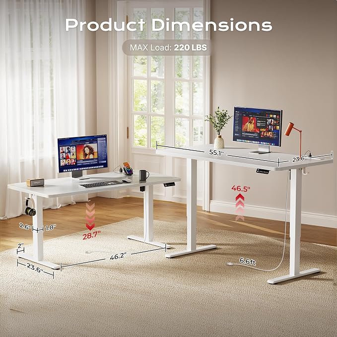 Huuger Electric Standing Desk with Power Outlets and USB-C Port, 55 X 24 Inch Height Adjustable Desk, Sit Stand Desk for Home Office, Computer & Gaming Desk with 4 Presets, Stable Steel Frame, White - Image 5