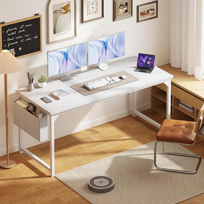 OLIXIS Computer Desk, 63 Inch Gaming Desks for Home Office Small Spaces | Writing Study Craft Work Table, Computer Workstation for Bedroom with Storage Bag, All White - Image 2