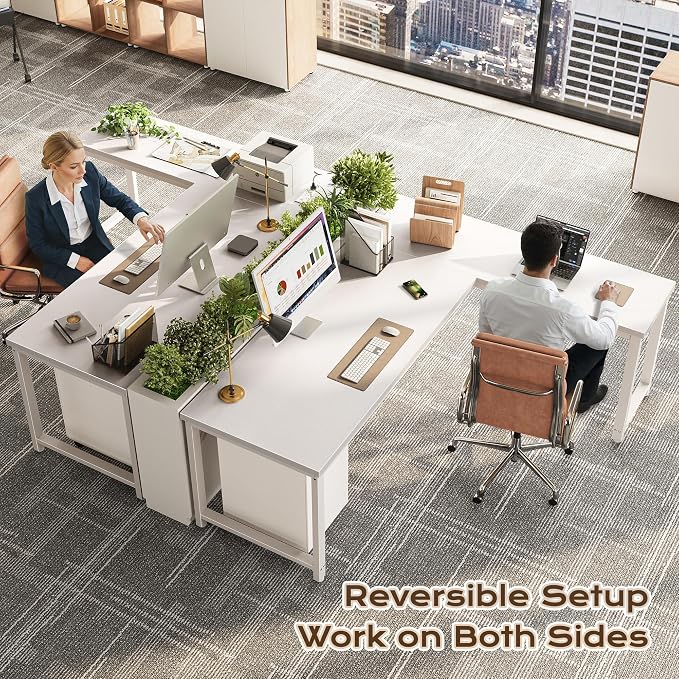 Huuger 63 Inch L Shaped Desk with Power Outlets and USB-C Port, Reversible Computer, Larger Office Corner Gaming Desk, 0.95 Inch Thicker Desktop, Metal Frame, for Home Office, Study, White - Image 2