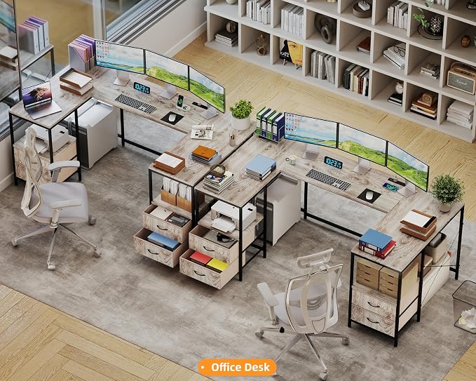 YOSHOOT 67" U Shaped Computer Desk, Reversible L Shaped Gaming Desk | Corner Desk with Power Outlets, 4 Drawers, 2 Storage Shelf, Computer Table with 4 Installation Methods, Grey - Image 2