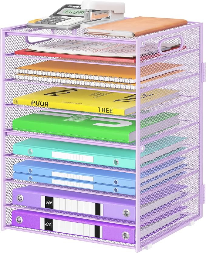 Cawukege 9 Tier Paper Organizer with Handle, Purple Large Capacity Desk Organizer Mesh File Folder Letter Paper Tray Desktop Document Sorter for Classroom, School, and Office Accessories Organization by Cawukege