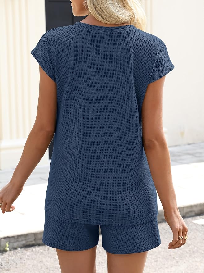 ANRABESS Womens Waffle Knit 2 Piece Short Sets Cap Sleeve Summer 2026 Matching Lounge Outfits Travel Beach Vacation Sweatsuit - Image 4