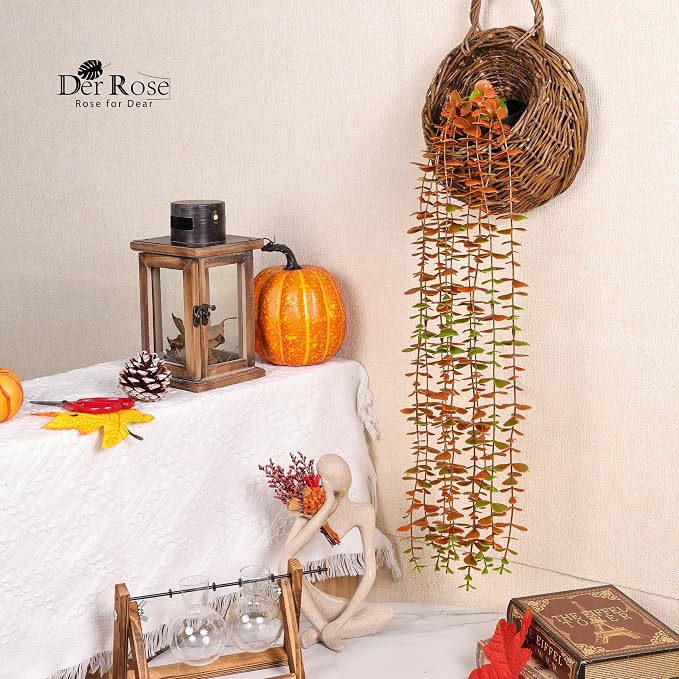 Der Rose 1Pcs Fake Fall Plants Hanging Orange Artificial Potted Faux Eucalyptus Plant Decorations for Fall Thanksgiving Bathroom Table Centerpiece Wall Kitchen Room Decor Indoor and Outdoor - Image 5