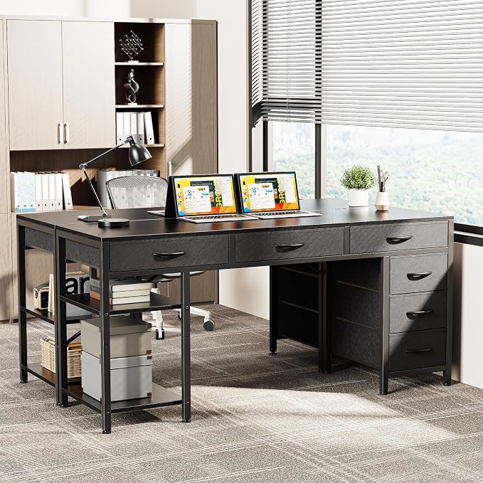 Huuger Computer Desk with 6 Drawers, Office Desk with Shelves, Reversible Gaming Desk, Corner Desk with Storage, Work for Home Office, Study, Living Room, 54inch, Black - Image 2
