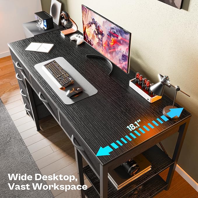 Huuger Computer Desk with 6 Drawers, Office Desk with Shelves, Reversible Gaming Desk, Corner Desk with Storage, Work for Home Office, Study, Living Room, 47inch, Black - Image 4