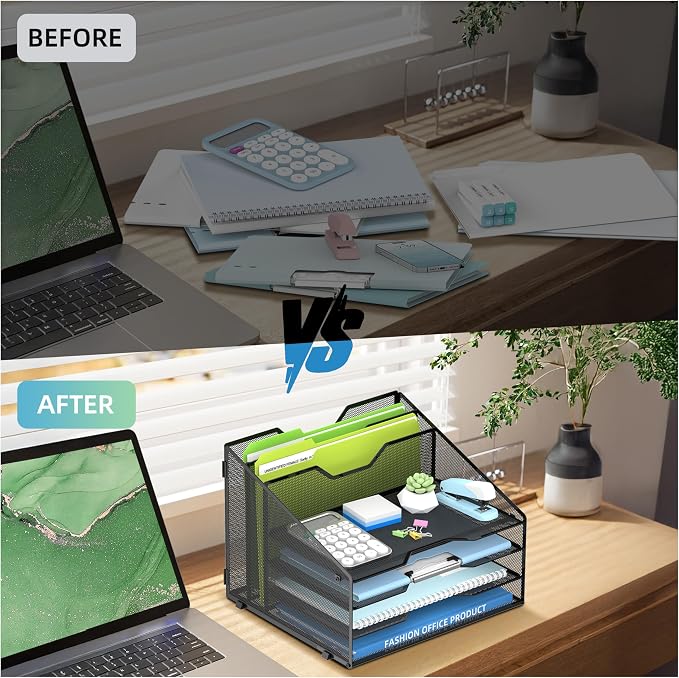 Desk File Organizer with 4 Letter Trays and 2 Vertical File Holders, Black | Metal Mesh Paper Letter Tray Organizer for Documents Folders Mail, Desk Organizers and Accessories for Home Office - Image 6