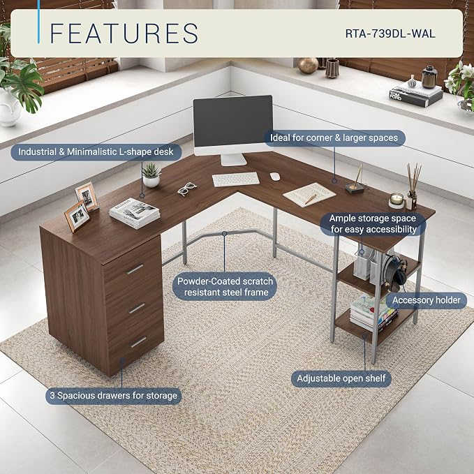 Techni Mobili L Shaped Desk - Two-Toned Computer Desk with Drawers & Storage Shelves - Simple Modern Furniture & Home Office Space Corner Table for Work & Writing | 59" two‑tone L‑shaped desk with storage shelves, durable frame, modern corner workstati... - Image 4