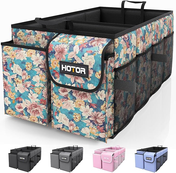 HOTOR Trunk Organizer- Car Organizer, Foldable Trunk organizer for SUVs & Sedans, Sturdy Car Organization for Car Accessories, Tools, Sundries, Blue Flower, 2 Compartments, 21.3"×12.6"×10.6" by HOTOR