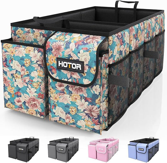 HOTOR Trunk Organizer- Car Organizer, Foldable Trunk organizer for SUVs & Sedans, Sturdy Car Organization for Car Accessories, Tools, Sundries, Blue Flower, 2 Compartments, 21.3"×12.6"×10.6" by HOTOR