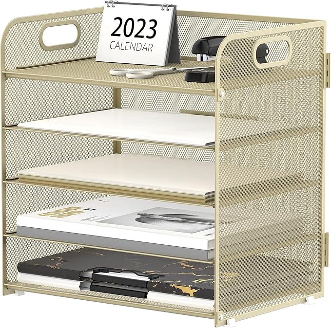 Supeasy 5 Trays Paper Organizer Letter Tray with Handle-Mesh Desk File Organizer,Pink Paper Sorter Desk Organizer for Office, Home or School (Gold Yellow) by SUPEASY