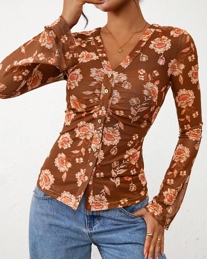 BTFBM Button Down Shirts for Women 2026 Fall Boho Tops V Neck Long Sleeve Blouses Ruched Mesh Fitted Fashion Clothing - Image 3