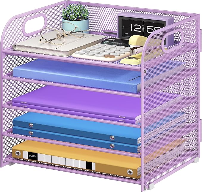 Cawukege 5 Tier Paper Organizer with Handle, Metal Mesh Desk Organizer File Folder Paper Letter Tray Desktop Document Sorter for Classroom, School, Office Accessories Organization and Storage - Purple by Cawukege