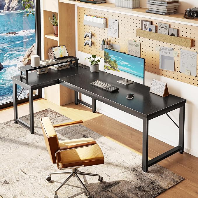 PRAISUN 53" L Shaped Computer Desk, Power Outlets, Monitor Stand, Black | USB-C Ports, Reversible Charging Station, Spacious Desktop & Legroom, 0.94 Inch Thick Desktop, for Gaming, Study & Work - Image 2