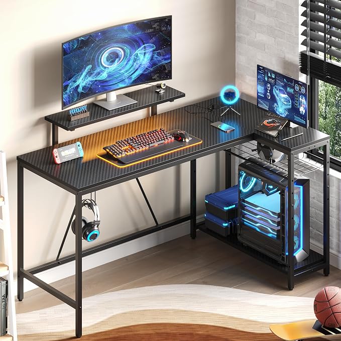Bestier 58-Inch L-Shaped Gaming Desk with Charging & LED, Black | Charging 3AC+2USB, RGB LED Strip, Reversible Shelves, Monitor Stand, Headphone Hook, Metal Mesh Shelf, 58 in by Bestier