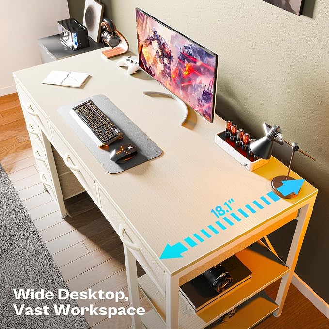 Huuger Computer Desk with 6 Drawers, Office Desk with Shelves, Reversible Gaming Desk, Corner Desk with Storage, Work for Home Office, Study, Living Room, 47inch, White - Image 4