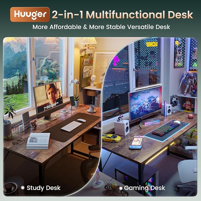 Huuger Computer Desk, 55 Inch Home Office Desk, Gaming Writing Work from Home Study Desk, Large Legroom, Sturdy Metal Frame, Modern Simple, Rustic Brown - Image 3