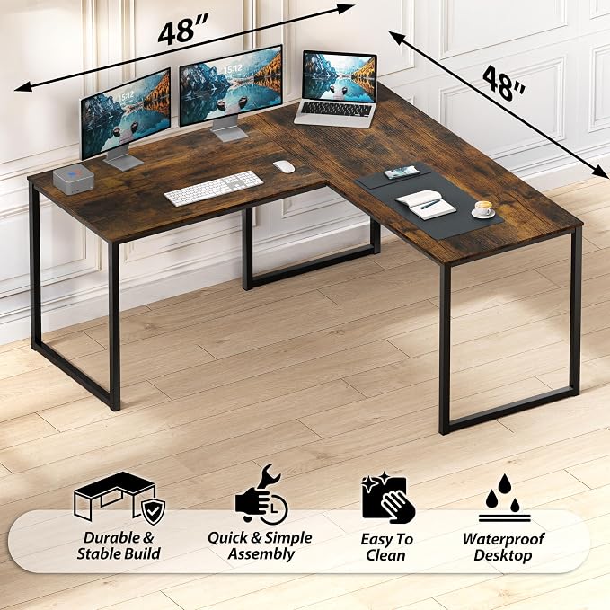 SHW Mission 48 x 48 L-Shape Home Office Computer Desk, Rustic Brown | Reversible Desktop Design - Image 5