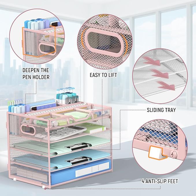 Docnest 5 Tier Mesh Desk Organizer with Removable Tray&Pen Holder, Pink | Features 3 detachable pen holders and 4 removable dividers.Versatile mesh desktop storage for mail, document,office supplie - Image 5