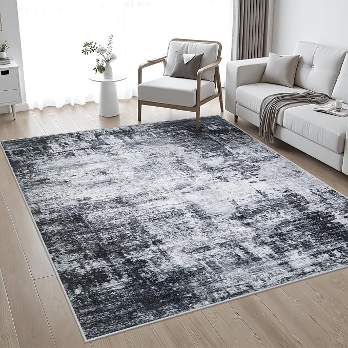 5x5 Area Rug Living Room Rug: Washable Modern Abstract Soft Thin Rug Indoor Floor No Slip Stain Resistant Carpet for Bedroom Dining Room Farmhouse Nursery Home Office - Dark Black - Image 2