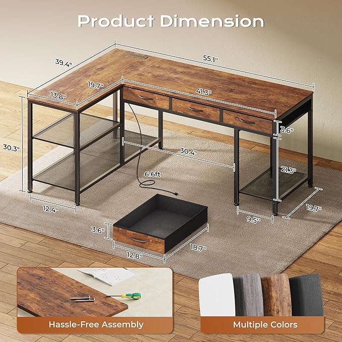 PRAISUN 55 Inch L Shaped Office Desk with Power Outlets and Type-C Port, Large Computer Gaming Desk with 3 Fabric Drawers, Mesh Shelves, Corner Study Work Writing Desk, Rustic Brown - Image 3