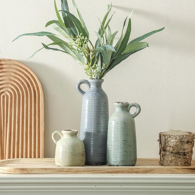 Ceramic Vase Set of 3 | Neutral Vase Home Decor with Handle | Pottery Modern Farmhouse Vases Pampas Grass Flower Vases for Home Decor Table Living Room Centerpieces Mantel Decor - Multicolor - Image 9