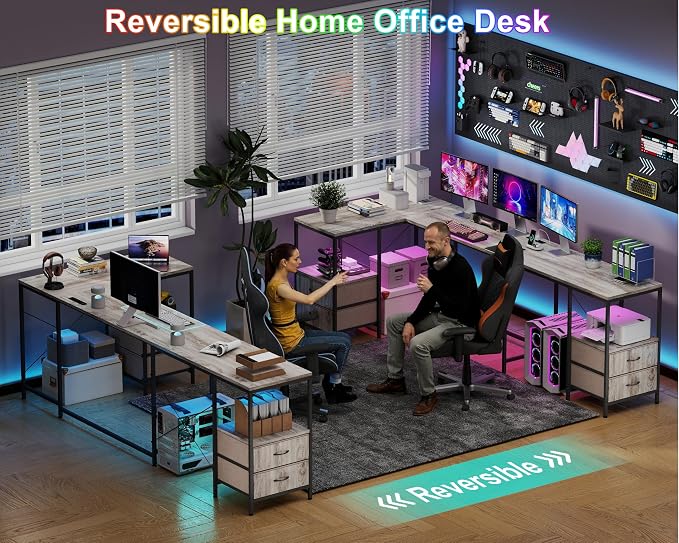 YOSHOOT 67" U Shaped Computer Desk, Reversible L Shaped Gaming Desk | Corner Desk with Power Outlets, 4 Drawers, 2 Storage Shelf, Computer Table with 4 Installation Methods, Grey - Image 7