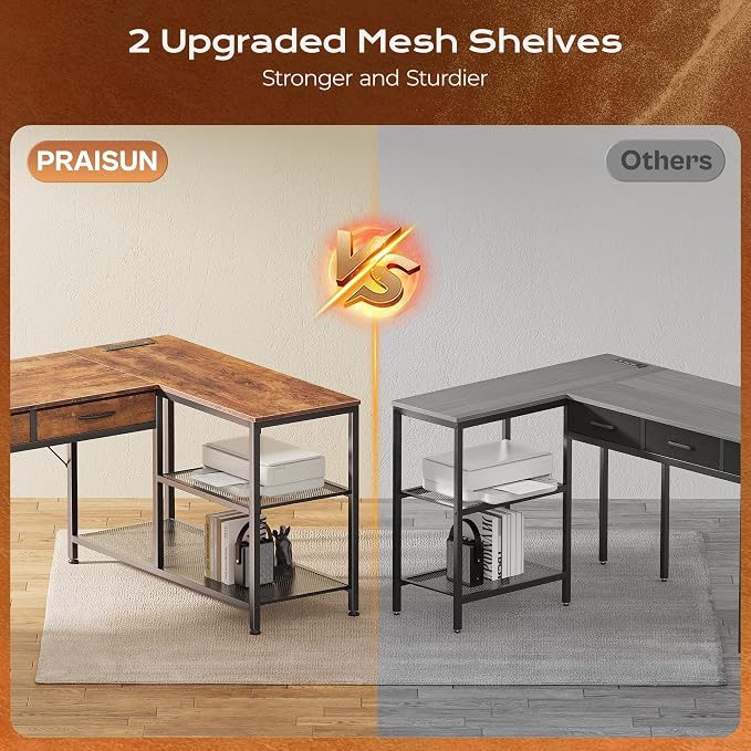 PRAISUN 63 Inch L Shaped Office Desk with Power Outlets and Type-C Port, Large Computer Gaming Desk with 3 Fabric Drawers, Mesh Shelves, Corner Study Work Writing Desk, Rustic Brown - Image 8
