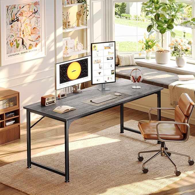 PRAISUN 55 Inch Computer Desk, Home Office Desk with Spacious Desktop, Grey | Modern Gaming Desk for Bedroom, Study, Work, Gaming & Writing, Large Legroom, Sturdy Metal Frame - Image 2