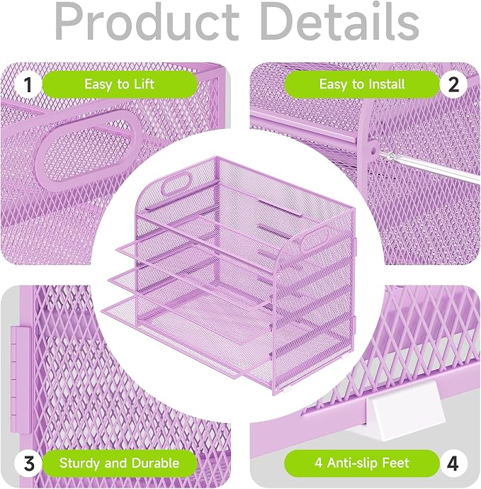 Cawukege 5 Tier Paper Organizer with Handle, Metal Mesh Desk Organizer File Folder Paper Letter Tray Desktop Document Sorter for Classroom, School, Office Accessories Organization and Storage - Purple - Image 4