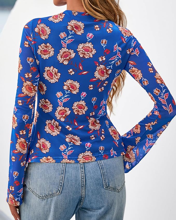 BTFBM Button Down Shirts for Women 2026 Fall Boho Tops V Neck Long Sleeve Blouses Ruched Mesh Fitted Fashion Clothing - Image 3