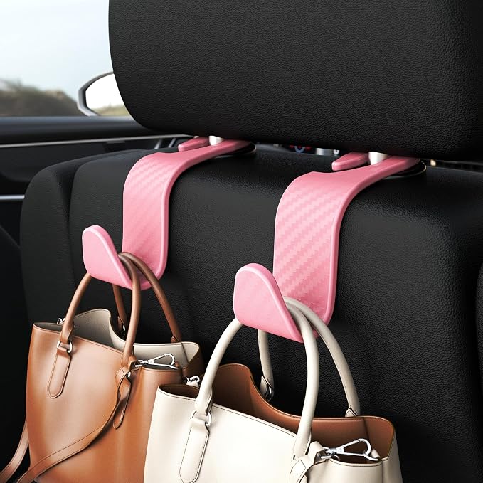 Amooca Car Seat Headrest Hook 4 Pack Hanger Universal Vehicle Car Storage Organizer for Handbag Purse Coat S Type Checkered Pink - Image 2