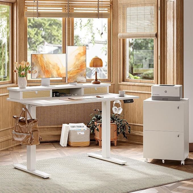 TIQLAB Standing Desk with Two Drawers, Stand Up Standing Desk Adjustable Height, Electric Sit Stand Table with Storage Shelf and Splice Board, 48 * 24 inch, White Wicker - Image 2