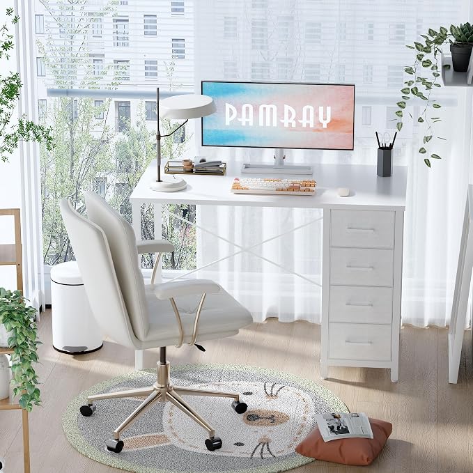 Pamray 32 Inch Computer Desk with 4 Drawers Small Office Desk for Home Bedroom Study Writing Simple Modern Computer Table White - Image 2