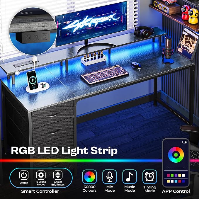 Huuger 55 Inch Computer Desk with Power Outlets and LED Lights, Gaming Desk with 4 Drawers, Office Desk with Monitor Stand, Study Work, Home Office, Gray - Image 3