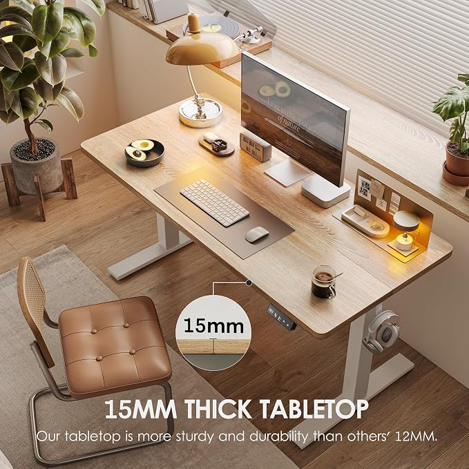 TIQLAB Standing Desk 63 x 24 inch, Electric Height Adjustable Desk with Splice Board, Sit Stand Desk Computer Table for Home Office, White Frame/Maple Top - Image 2