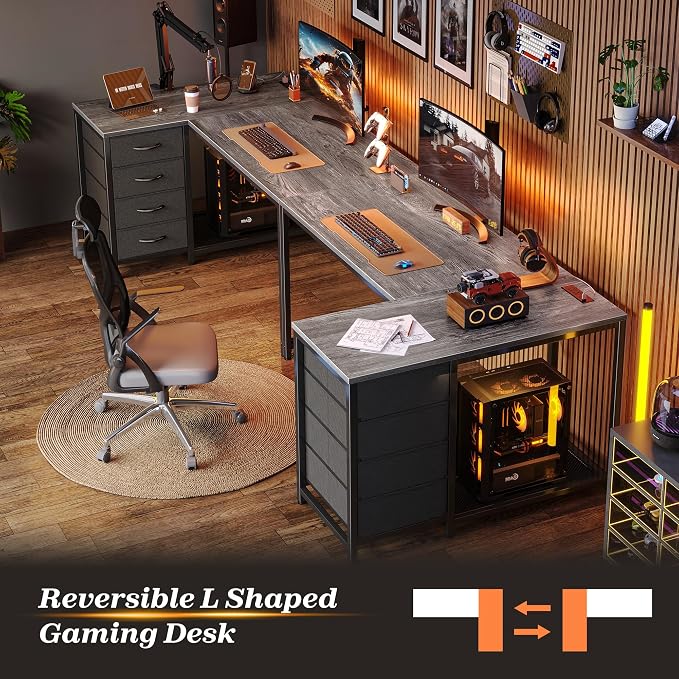 PRAISUN 43.3" Small Computer Desk with Power Outlets & USB-C Port, Reversible L Shaped Corner Office Desk with 4 Fabric Drawers and 2 Adjustable Storage Shelves, for Gaming Writing, Grey - Image 9