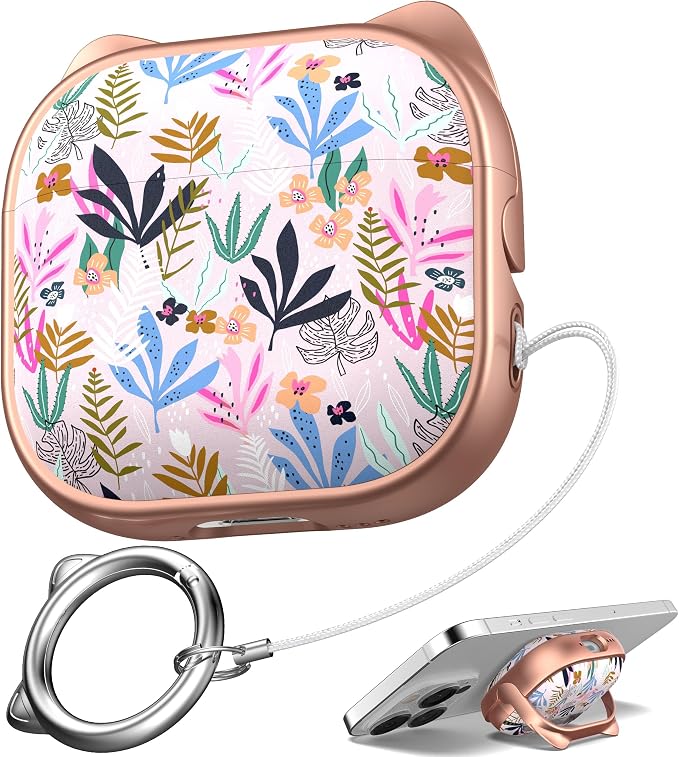 for AirPods 4 Case with Cleaning Kit, Cute Cat Ear Print Design & Cute Buckle, Inverted Phone Holder Design, Top Safe Lock Buckle Design, for Girls AirPods 4 case 2024, Rose Gold Leaves by MHYALUDO