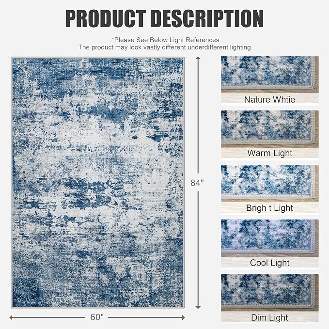 5x7 Area Rug Living Room Rug: Washable Modern Abstract Soft Thin Rug Indoor Floor No Slip Stain Resistant Carpet for Bedroom Dining Room Farmhouse Nursery Home Office - Blue - Image 2