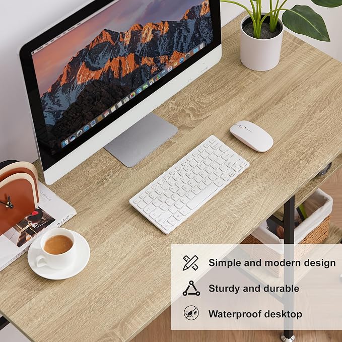 VECELO 43 Inch Computer Home Office Desk, Modern Simple Writing Desk with Storage for Bedroom, Simple Table Modern Student Study Desk,Water Proof, Oak+Black Leg - Image 6