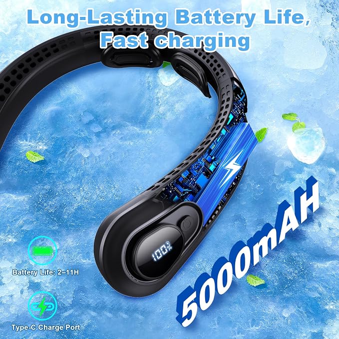 Portable Neck Fan Rechargeable - [with LED Display] 5 Speeds, 5000 mAh Battery Operated Wearable Personal Cooling Bladeless Fan for Outdoor Travel, Gifts for Men Women Kids,Black - Image 5