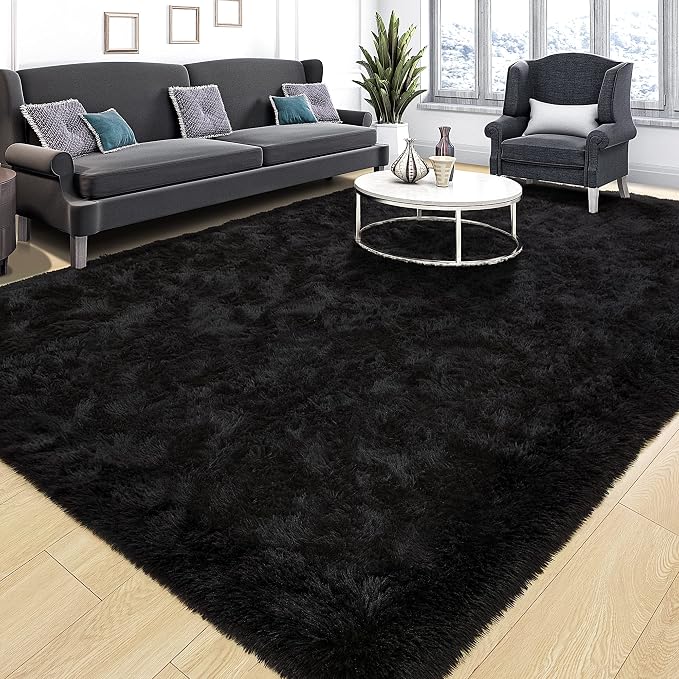Tepook Super Soft Fluffy Rug for Bedroom, Modern Shaggy Fuzzy Kids Rugs for Living Room, Plush Indoor Nursery Home Decor Dorm Carpet with Non-Slip Bottom, Black, 5 X 8 Feet by Tepook