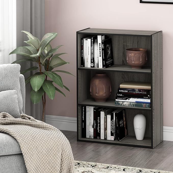Furinno PASIR Book Shelf, 3-Tier Bookshelf, Storage Shelves Bookcase, 9.7 x 23.7 x 31.5, for Living Room, Bedroom, Home Office, French Oak - Image 2