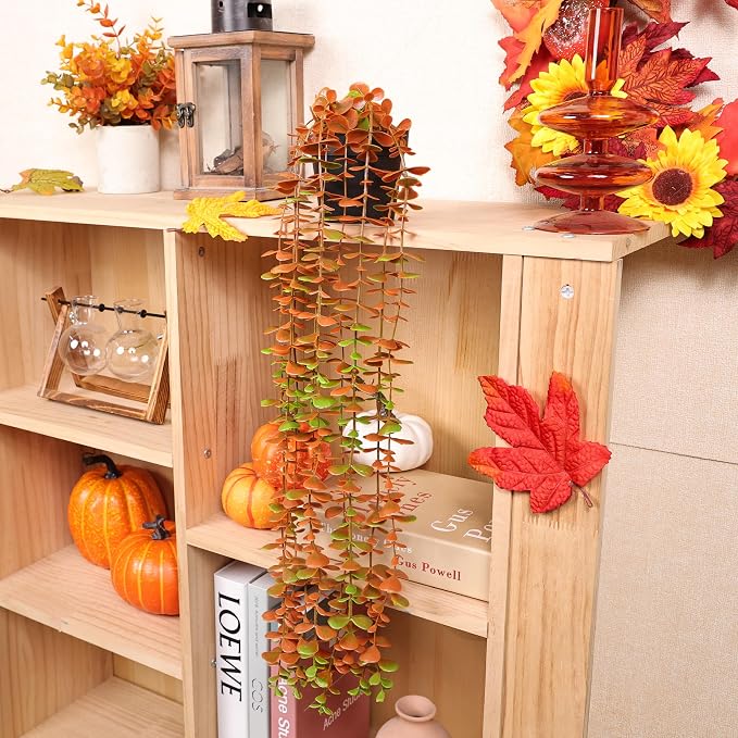 Der Rose 1Pcs Fake Fall Plants Hanging Orange Artificial Potted Faux Eucalyptus Plant Decorations for Fall Thanksgiving Bathroom Table Centerpiece Wall Kitchen Room Decor Indoor and Outdoor - Image 4